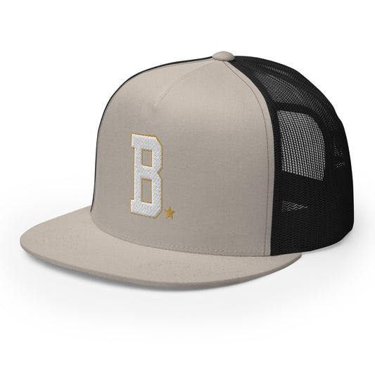 Bone and black trucker cap with B logo on a white background