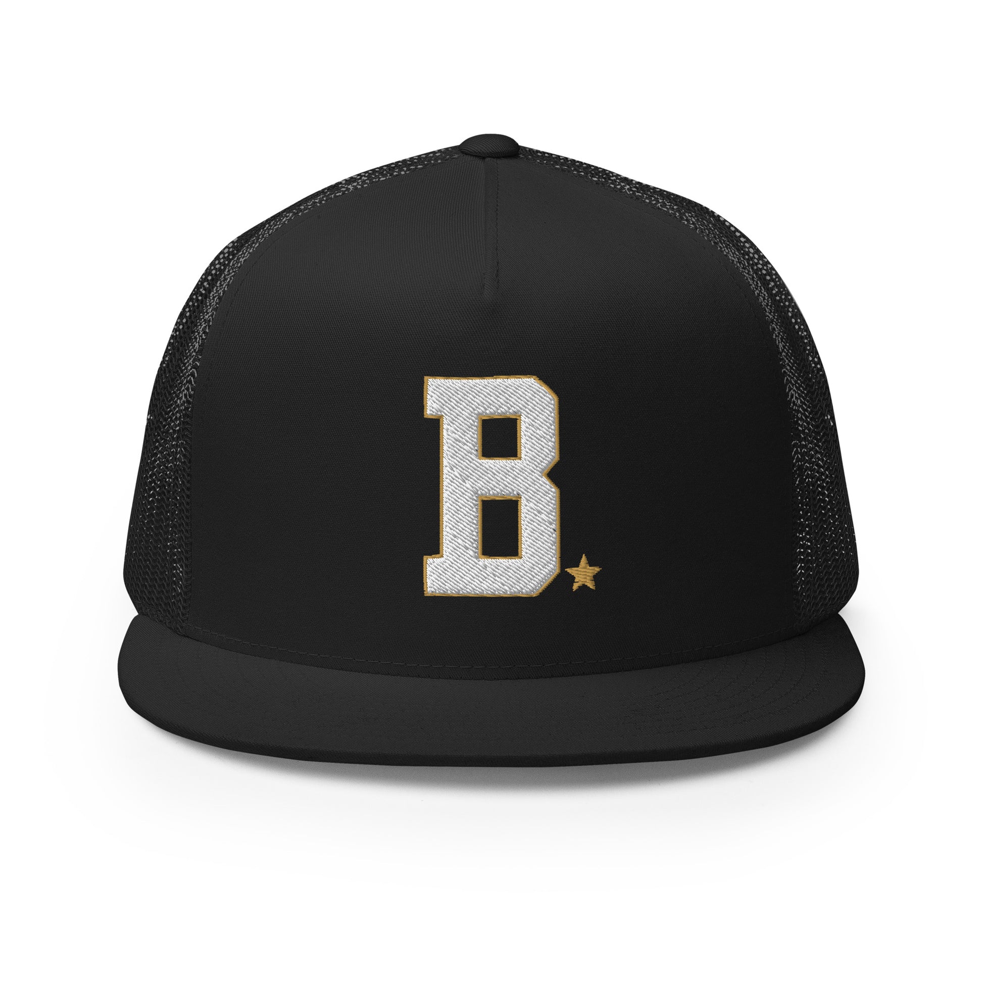 Black trucker cap with gold letter 'B' and star on a white background