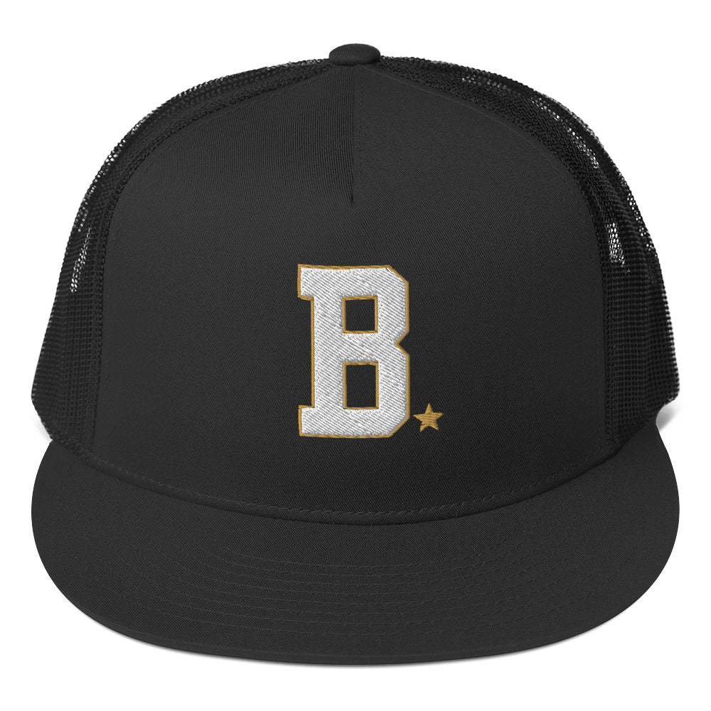 Black trucker cap with white letter 'B' and star on a white background