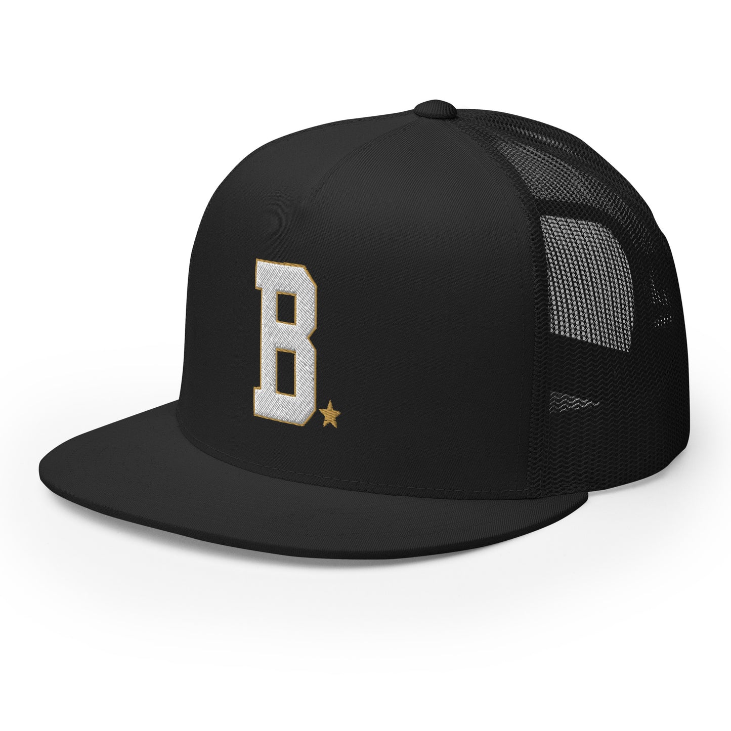Black trucker cap with a white emblem on a white background