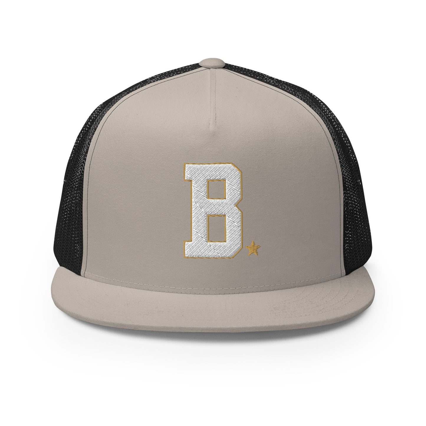 Bone and black cap with a gold 'B' logo on a white background