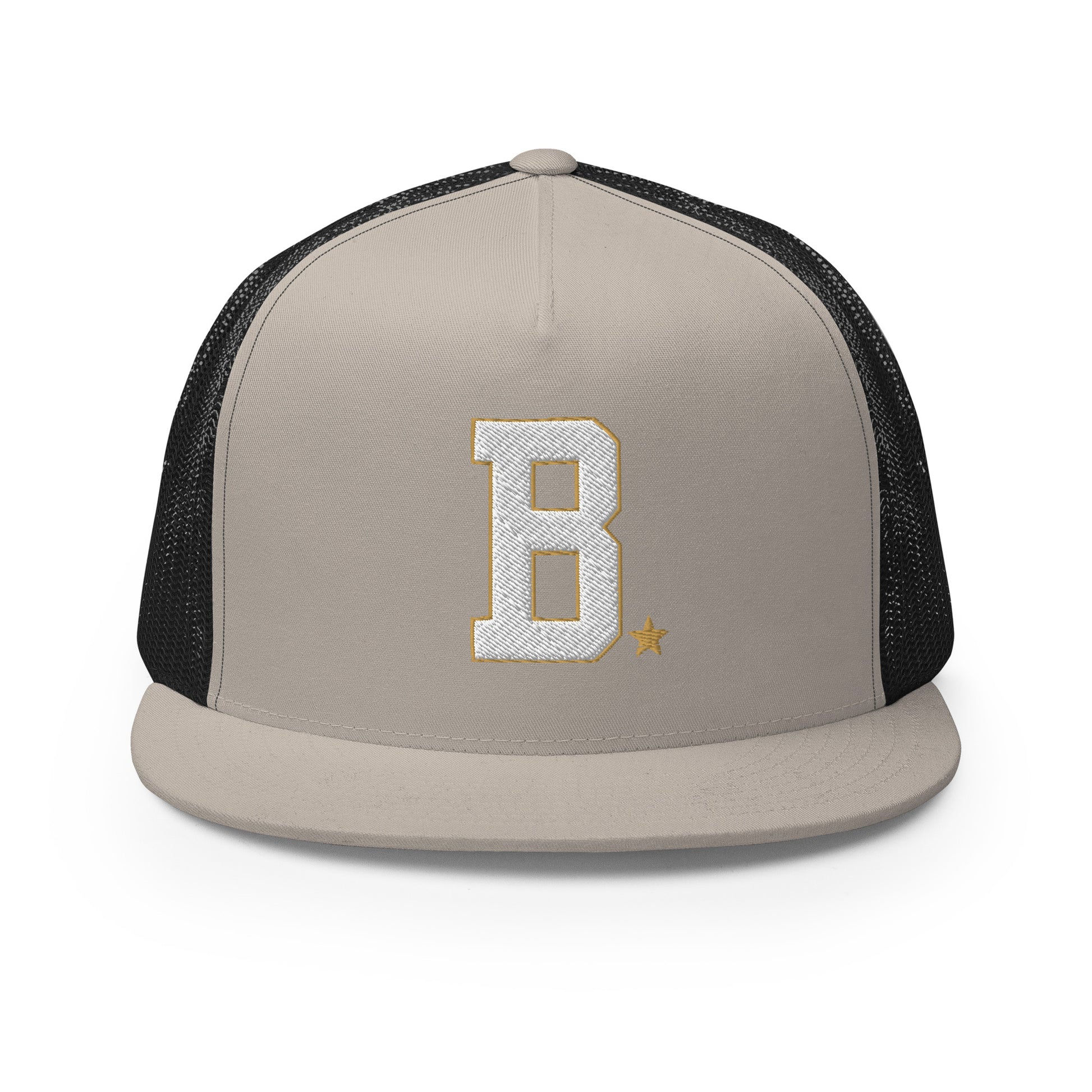 Bone and black cap with a gold 'B' logo on a white background