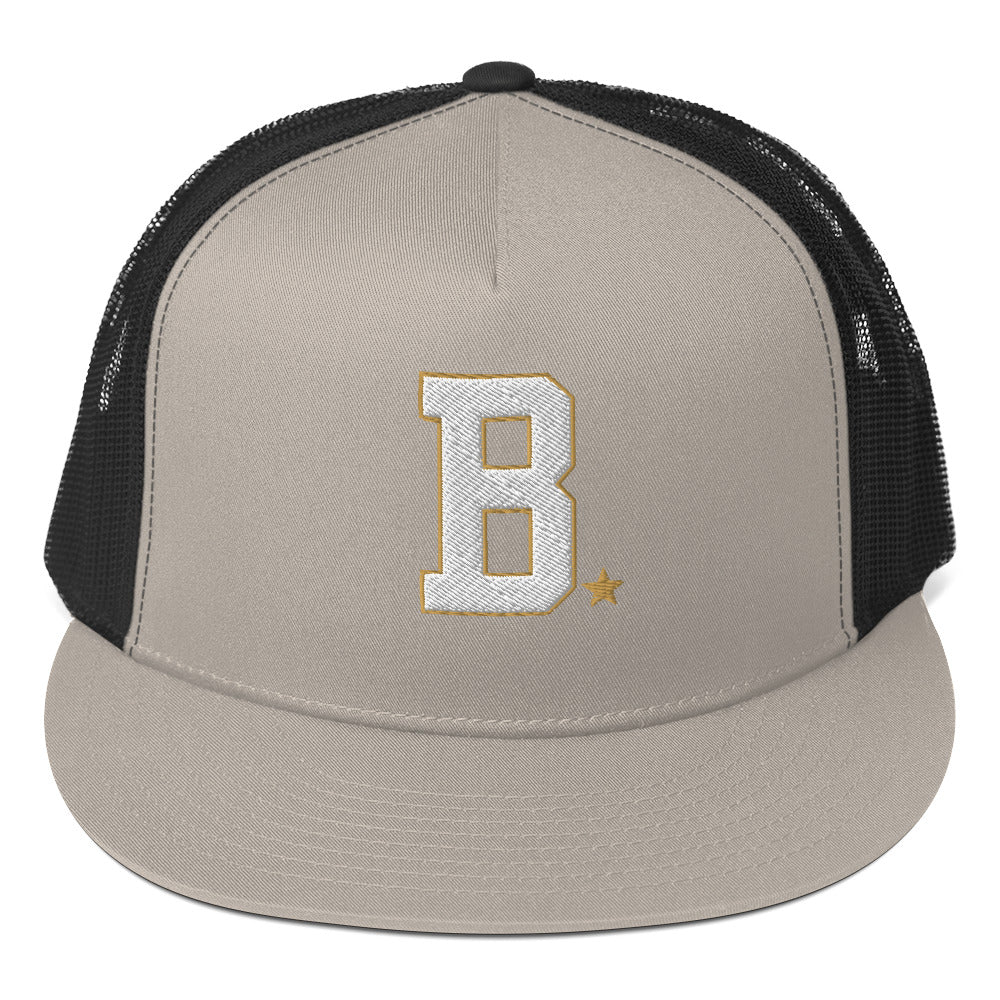 Bone and Black Trucker hat with a large 'B' logo on a white background