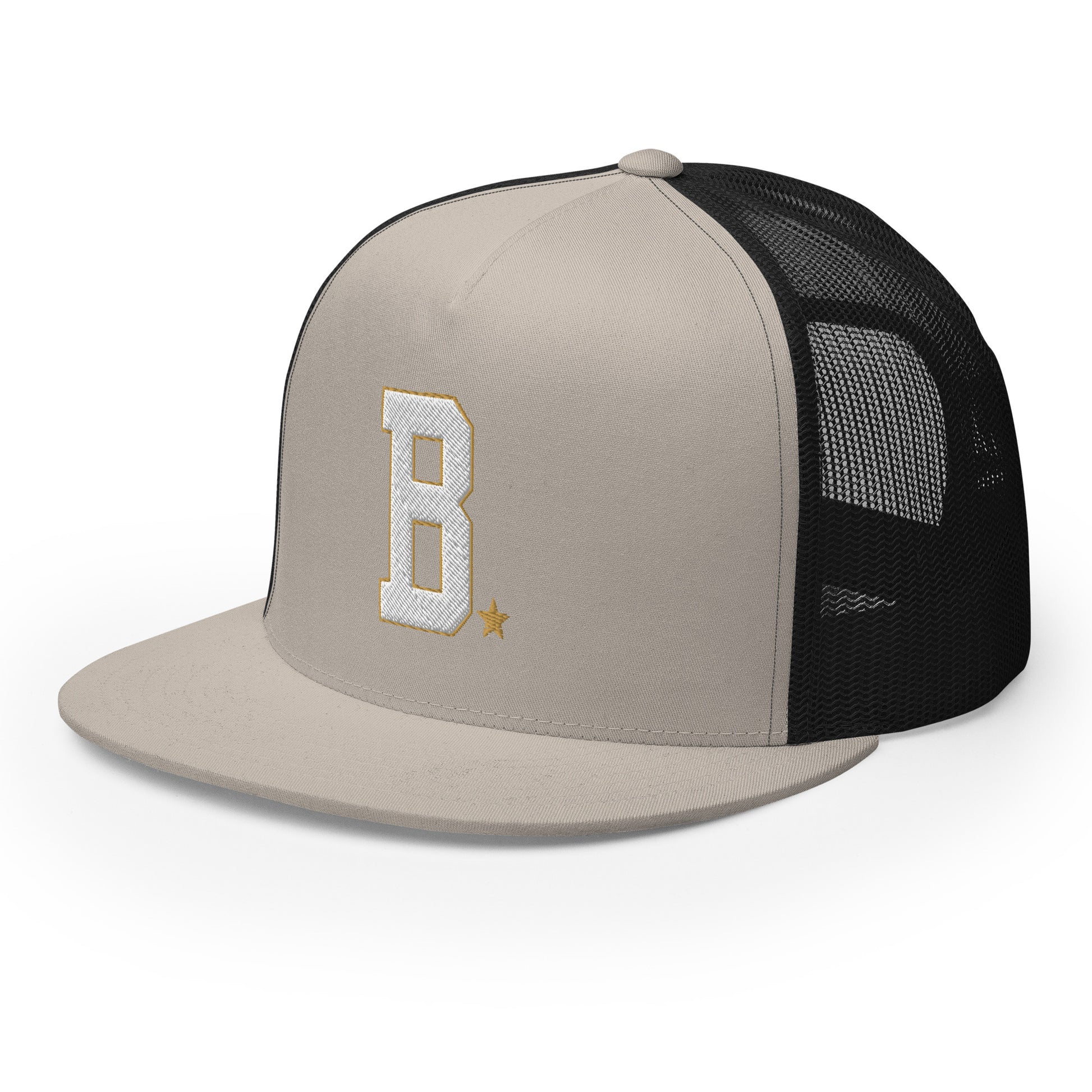 Bone and black trucker cap with B logo on a white background