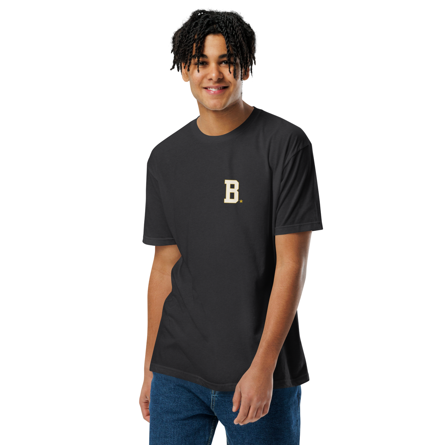 Athlete wearing black Field Tee with minimalist varsity B chest logo