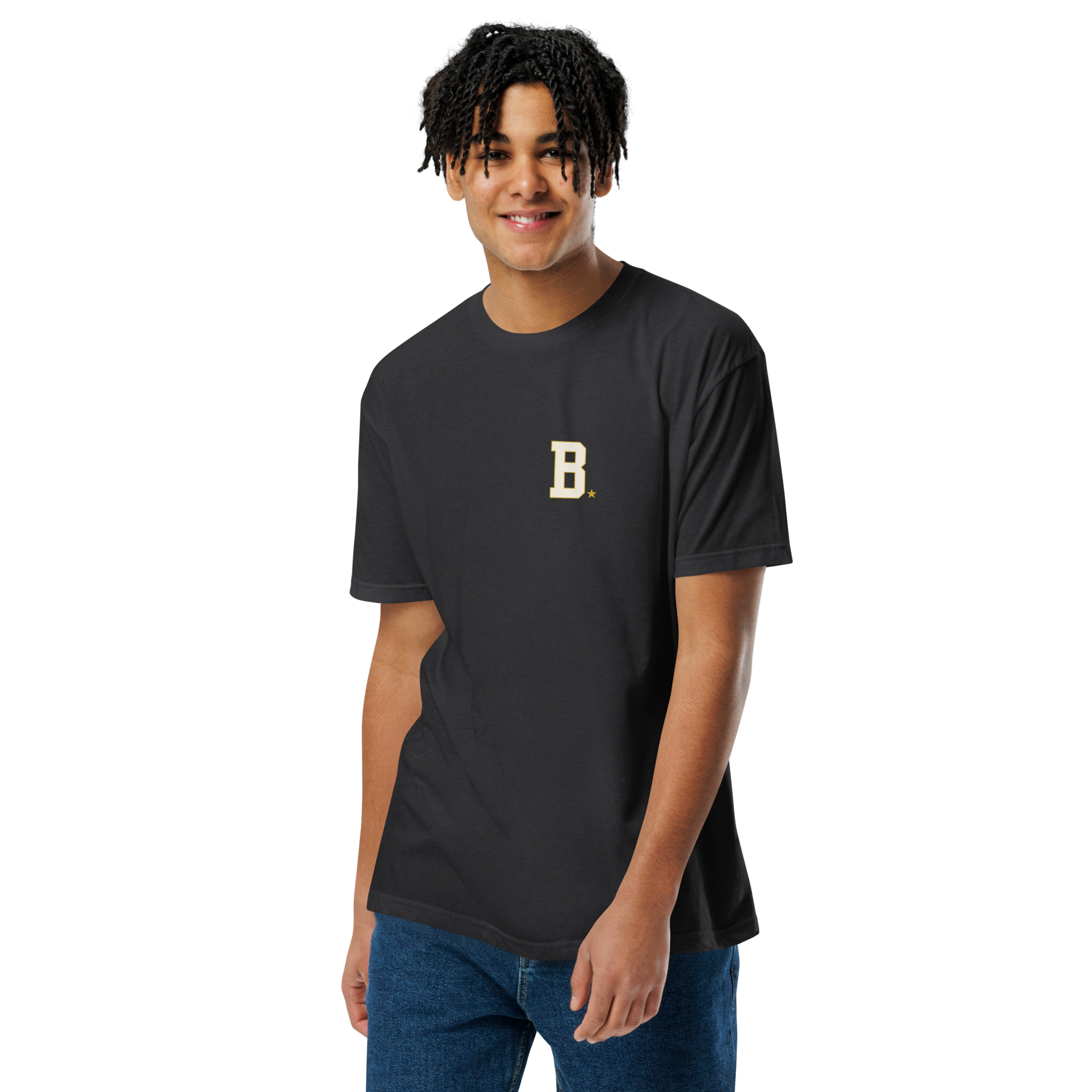 Athlete wearing black Field Tee with minimalist varsity B chest logo